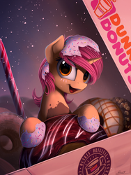 Size: 1700x2261 | Tagged: safe, artist:yakovlev-vad, oc, oc only, donut pony, food pony, original species, pony, unicorn, donut, dunkin donuts, smiling, solo