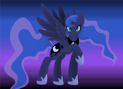 Size: 1024x739 | Tagged: safe, artist:csox, princess luna, g4, female, looking at you, raised hoof, solo, spread wings