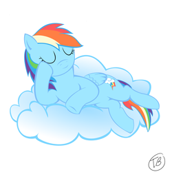 Size: 720x720 | Tagged: safe, artist:thetidbit, rainbow dash, pegasus, pony, g4, backwards cutie mark, cloud, eyes closed, female, lying down, lying on a cloud, on a cloud, simple background, solo, white background