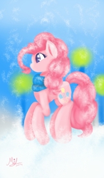 Size: 750x1280 | Tagged: safe, artist:myralilth, pinkie pie, g4, clothes, female, scarf, snow, snowfall, solo, winter