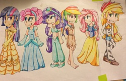Size: 3159x2032 | Tagged: safe, artist:imtailsthefoxfan, applejack, fluttershy, pinkie pie, rainbow dash, rarity, twilight sparkle, human, g4, aladdin, barefoot, beauty and the beast, belle, belly button, belly dancer, breasts, cinderella, cleavage, clothes, crossover, disney, disney princess, dress, feet, female, high res, humanized, jasmine, jessie (toy story), mane six, midriff, pocahontas, snow white, squaw dash, toy story, toy story 2, traditional art