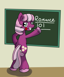 Size: 2546x3069 | Tagged: safe, artist:novaspark, cheerilee, earth pony, pony, g4, bipedal, chalkboard, female, high res, mouth hold, rose, solo