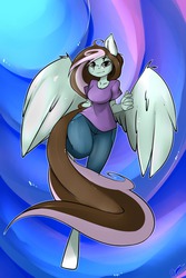 Size: 540x810 | Tagged: safe, artist:cynux, oc, oc only, pegasus, anthro, clothes, solo, spread wings