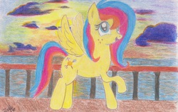 Size: 1260x794 | Tagged: safe, artist:equusstorm, oc, oc only, oc:golden gates, babscon, babscon mascots, mascot, solo, sunset, traditional art