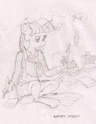 Size: 4007x5203 | Tagged: safe, artist:greenlinzerd, derpibooru exclusive, twilight sparkle, anthro, unguligrade anthro, g4, absurd resolution, book, clothes, diagram, extra pony, female, implied applejack, implied fluttershy, implied pinkie pie, implied rainbow dash, implied rarity, ink, magic, monochrome, notepad, quill, sitting, sketch, solo, studying, tank top, telekinesis, traditional art, vitruvian man, wip