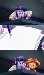 Size: 1920x3272 | Tagged: safe, artist:ponut_joe edit, edit, sunset shimmer, twilight sparkle, equestria girls, g4, my little pony equestria girls: rainbow rocks, blushing, meme, mouth drawing, mouth hold, no hooves, paper, pen, scene interpretation, template, twilight sparkle (alicorn), twilight's mouth art