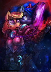Size: 1050x1500 | Tagged: safe, artist:atryl, applejack, princess luna, alicorn, earth pony, anthro, g4, armor, clothes, cute, female, galaxy, jackabetes, lesbian, looking at each other, lunabetes, magic, open mouth, ship:lunajack, shipping