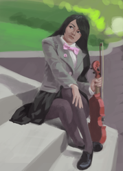 Size: 1000x1400 | Tagged: safe, artist:fahu, octavia melody, human, g4, bowtie, clothes, humanized, musical instrument, sitting, skirt, solo, violin