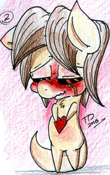 Size: 512x808 | Tagged: safe, artist:digitaldomain123, oc, oc only, oc:wittle digi, demon pony, blushing, heart, traditional art