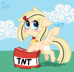 Size: 2000x1932 | Tagged: safe, artist:gnidagovnida, oc, oc only, oc:alen d, pegasus, pony, bell, bell collar, blush sticker, blushing, collar, explosives, floppy ears, solo, tnt