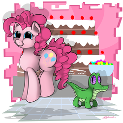 Size: 5000x5000 | Tagged: safe, artist:malamol, gummy, pinkie pie, alligator, earth pony, pony, g4, absurd resolution, cake, female