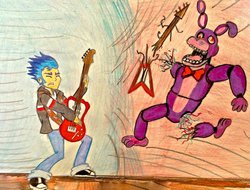 Size: 1025x780 | Tagged: safe, artist:bravokrofski, flash sentry, equestria girls, g4, bonnie (fnaf), crossover, duel, electric guitar, five nights at freddy's, guitar, musical instrument