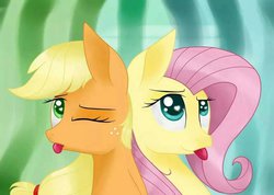 Size: 1024x731 | Tagged: safe, artist:justbrohoof, applejack, fluttershy, g4, hatless, missing accessory, tongue out