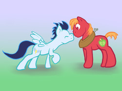 Size: 2048x1536 | Tagged: safe, artist:a2, big macintosh, soarin', earth pony, pony, g4, boop, gay, male, old cutie mark, shipping, soarmac, stallion