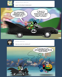 Size: 822x1007 | Tagged: safe, artist:fractiouslemon, oc, oc only, oc:buttercheese, oc:vaudeville, ask, askvaudeville, barnacle boy, batman, batmobile, mermaid man, mermaid man and barnacle boy, quick! to the batmobile!, spongebob squarepants