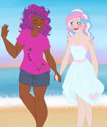 Size: 1024x1214 | Tagged: safe, artist:luciekj, skywishes, star catcher, human, g3, dark skin, female, holding hands, humanized, lesbian, ship:skycatcher, shipping