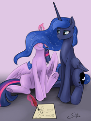 Size: 3600x4800 | Tagged: safe, artist:silfoe, princess luna, twilight sparkle, alicorn, pony, royal sketchbook, g4, absurd resolution, blushing, confused, duo, ethereal mane, eyes on the prize, female, glowing horn, grin, horn, lesbian, levitation, magic, manegazing, mare, missing accessory, prize on the eyes, quill, raised eyebrow, ship:twiluna, shipping, silly, silly pony, smiling, spread wings, stargazing, starry mane, these aren't my glasses, twilight sparkle (alicorn), underhoof