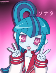 Size: 3208x4200 | Tagged: safe, artist:scobionicle99, sonata dusk, human, equestria girls, g4, my little pony equestria girls: rainbow rocks, :3, crossover, double peace sign, female, izumi konata, japanese, katakana, konata dusk, looking at you, lucky star, name pun, open mouth, open smile, peace sign, smiling, solo