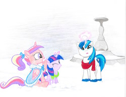 Size: 3300x2550 | Tagged: safe, artist:violetsquiggles, princess cadance, shining armor, twilight sparkle, g4, clothes, coat, glowing horn, high res, horn, scarf, snow, snowball, younger