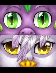 Size: 890x1152 | Tagged: safe, artist:tomocreations, gilda, spike, griffon, g4, eyes, persona eyes