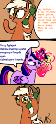 Size: 512x1120 | Tagged: source needed, useless source url, safe, artist:mushroomcookiebear, edit, applejack, twilight sparkle, alicorn, pony, g4, comic, dialogue, female, implied futa, implied rainbow dash, mare, phone, pregnant, twilight sparkle (alicorn), wat, wrong color