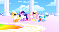 Size: 1099x597 | Tagged: safe, screencap, applejack, fluttershy, rainbow dash, twilight sparkle, earth pony, pegasus, pony, unicorn, g4, sonic rainboom (episode), liquid rainbow, unicorn twilight, weather factory uniform