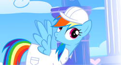 Size: 1098x598 | Tagged: safe, screencap, rainbow dash, pegasus, pony, g4, sonic rainboom (episode), female, mare, solo, weather factory uniform