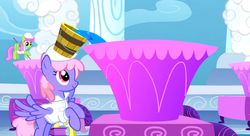 Size: 1099x597 | Tagged: safe, screencap, merry may, parasol, rainbowshine, pegasus, pony, g4, sonic rainboom (episode), background pony, bucket, female, hard hat, looking down, looking up, mare, weather factory, weather factory uniform