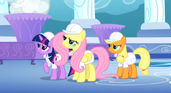 Size: 1099x597 | Tagged: safe, screencap, applejack, fluttershy, twilight sparkle, earth pony, pegasus, pony, unicorn, g4, sonic rainboom (episode), raised hoof, trio, unicorn twilight, weather factory uniform