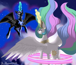 Size: 3500x3000 | Tagged: safe, artist:dreamyartcosplay, nightmare moon, princess celestia, g4, princess twilight sparkle (episode), crying, elements of harmony, fight, flying, high res, magic, night, sky