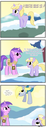 Size: 589x1641 | Tagged: safe, artist:grueislurking, amethyst star, derpy hooves, dinky hooves, sparkler, pegasus, pony, unicorn, g4, winter wrap up, animal team, background pony, comic, female, filly, flying, mare, weather team, winter wrap up vest