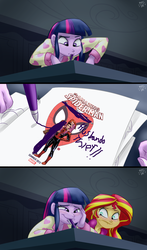 Size: 1920x3272 | Tagged: safe, artist:ponut_joe edit, edit, sunset shimmer, twilight sparkle, equestria girls, g4, blushing, crossover, crossover shipping, husbando thief, male, meme, mouth drawing, mouth hold, no hooves, paper, pen, peter parker, scene interpretation, shipping, spider-man, spidertwi, twilight sparkle (alicorn), twilight's mouth art