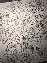 Size: 768x1024 | Tagged: safe, artist:mosamosa_n, derpy hooves, fluttershy, pinkie pie, rainbow dash, rarity, pegasus, pony, g4, female, mare, monochrome, sketch, traditional art