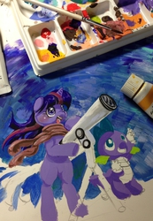 Size: 831x1200 | Tagged: safe, artist:mosamosa_n, spike, twilight sparkle, g4, paint, sketch, telescope, traditional art