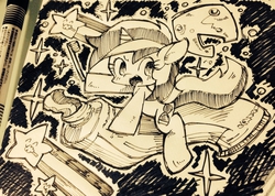 Size: 1600x1137 | Tagged: dead source, safe, artist:mosamosa_n, minuette, pony, unicorn, g4, chibi, monochrome, shooting star, sketch, toothpaste, traditional art