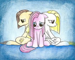 Size: 999x799 | Tagged: safe, artist:islamilenaria, cheese sandwich, party favor, pinkie pie, surprise, earth pony, pegasus, pony, g4, cheesamena, cute, cuteamena, party trio, pinkamena diane pie, sad, sitting, surprisamena, traditional art, trio