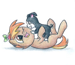Size: 707x611 | Tagged: safe, artist:islamilenaria, button mash, dog, earth pony, g4, buttonbetes, colt, cute, cute as a button, foal, hat, lying down, male, on back, one eye closed, open mouth, propeller hat, puppy, solo, traditional art