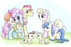 Size: 1024x677 | Tagged: safe, artist:islamilenaria, carrot cake, cream puff, cup cake, millie, pound cake, pumpkin cake, shortround, earth pony, pony, shetland pony, unicorn, g4, baby, baby pony, cake twins, colored hooves, colt, error, female, filly, foal, male, mare, millieround, missing wing, ship:creamcake, stallion, traditional art, wingless