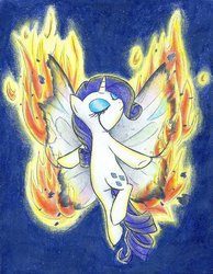 Size: 787x1014 | Tagged: safe, artist:islamilenaria, rarity, pony, unicorn, burning, crying, eyes closed, female, fire, glimmer wings, gossamer wings, solo, traditional art