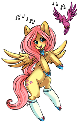 Size: 1246x1920 | Tagged: safe, artist:tiki-sama, fluttershy, bird, g4, blushing, clothes, collar, female, flying, looking at you, singing, socks, solo