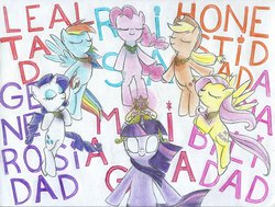 Size: 1024x774 | Tagged: safe, artist:islamilenaria, applejack, fluttershy, pinkie pie, rainbow dash, rarity, twilight sparkle, g4, elements of harmony, mane six, spanish, traditional art