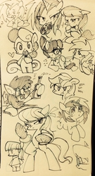 Size: 646x1200 | Tagged: safe, artist:mosamosa_n, berry punch, berryshine, bon bon, derpy hooves, dj pon-3, maud pie, octavia melody, sweetie drops, vinyl scratch, writing desk, pegasus, pony, g4, boxing gloves, female, lollipop, mare, monochrome, pixiv, sketch, traditional art