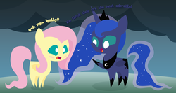 Size: 3292x1756 | Tagged: safe, artist:midnytesketch, fluttershy, princess luna, g4, blushing, cute, dialogue, duo, open mouth, pointy ponies, shyabetes