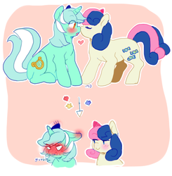 Size: 755x770 | Tagged: safe, artist:twirity, bon bon, lyra heartstrings, sweetie drops, earth pony, pony, unicorn, g4, blushing, comic, female, lesbian, nose kiss, ship:lyrabon, shipping, tsundere