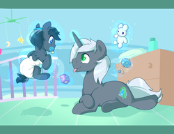 Size: 2790x2140 | Tagged: safe, artist:cuddlehooves, oc, oc only, oc:dusk shadow, oc:grey ghost, pony, unicorn, baby, baby pony, baby powder, crib, cuddlehooves is trying to murder us, cute, diaper, father and son, foal, high res, mobile, poofy diaper, weapons-grade cute