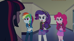 Size: 5000x2789 | Tagged: safe, artist:bubblestormx, adagio dazzle, aria blaze, pinkie pie, rainbow dash, rarity, sonata dusk, sunset shimmer, twilight sparkle, equestria girls, g4, my little pony equestria girls: rainbow rocks, alternate clothes, alternate universe, clothes, crossed arms, eyeshadow, gem, hand on hip, jacket, leather, leather jacket, looking at someone, makeup, role reversal, screencap background, siren gem, smiling, the dazzlings