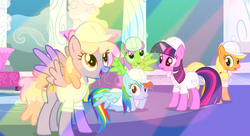 Size: 1099x597 | Tagged: safe, screencap, applejack, merry may, rainbow dash, rainbowshine, twilight sparkle, pegasus, pony, g4, sonic rainboom (episode), background pony, weather factory uniform