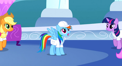 Size: 1099x597 | Tagged: safe, screencap, applejack, rainbow dash, twilight sparkle, pegasus, pony, g4, sonic rainboom (episode), open mouth, weather factory uniform