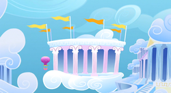 Size: 1099x597 | Tagged: safe, screencap, g4, sonic rainboom (episode), background, cloud, cloudiseum, cloudsdale, cloudy, hot air balloon, no pony, twinkling balloon