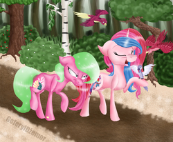 Size: 1700x1400 | Tagged: safe, artist:goferyidzemor, shell-belle, sunrise song, bird, earth pony, pony, unicorn, g3, g4, angry, cute, duo, duo female, eyes closed, female, forest, g3 to g4, generation leap, lesbian, madorable, mare, open mouth, ship:sunriseshell, shipping, smiling, unamused, wide eyes